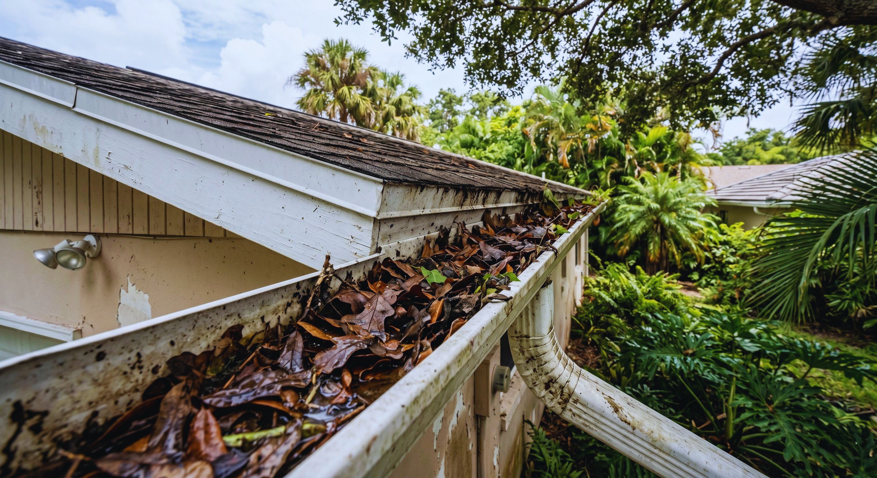 A residential gutter packed with brown leaves and debris along the eave of a Florida home, palms visible in the background